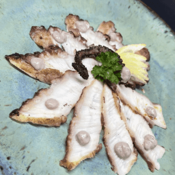 Carpaccio Takoríbu — Lâminas de Polvo com Creme de Azeitonas Pretas Nikkei
